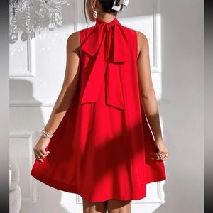 Red High Neck Neck Tie Sleeveless Tank Top Dress